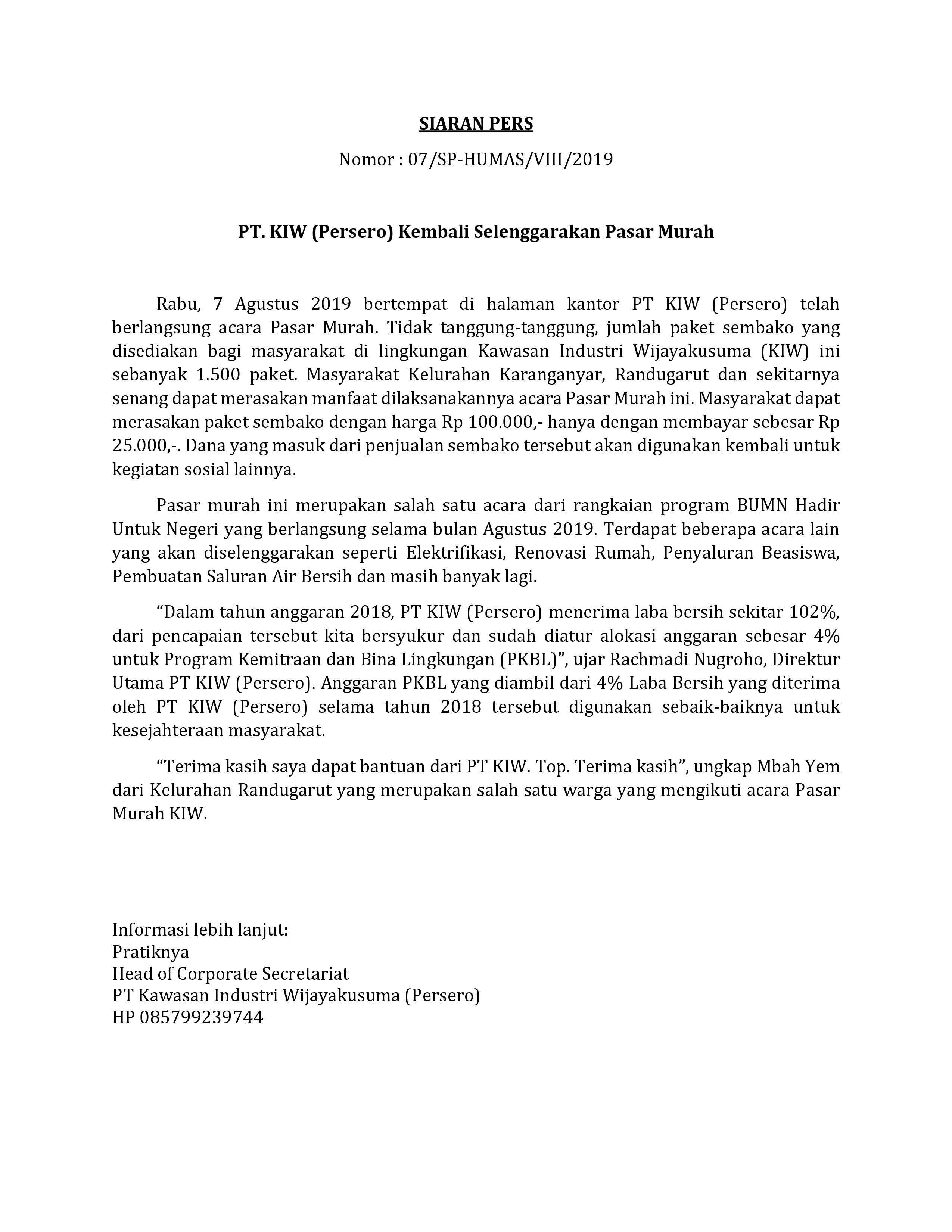 PT. KIW (Persero) Kembali Selenggarakan Pasar Murah